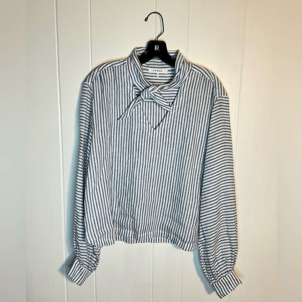 Frame Linen Blue & White Stripe Handkerchief Blouse Large